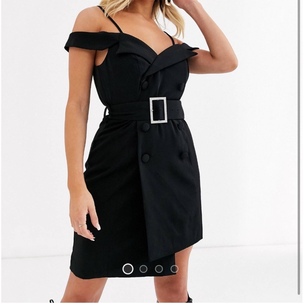 Lavish Alice Black Off-Shoulder Belted Mini Dress with Rhinestone Buckle